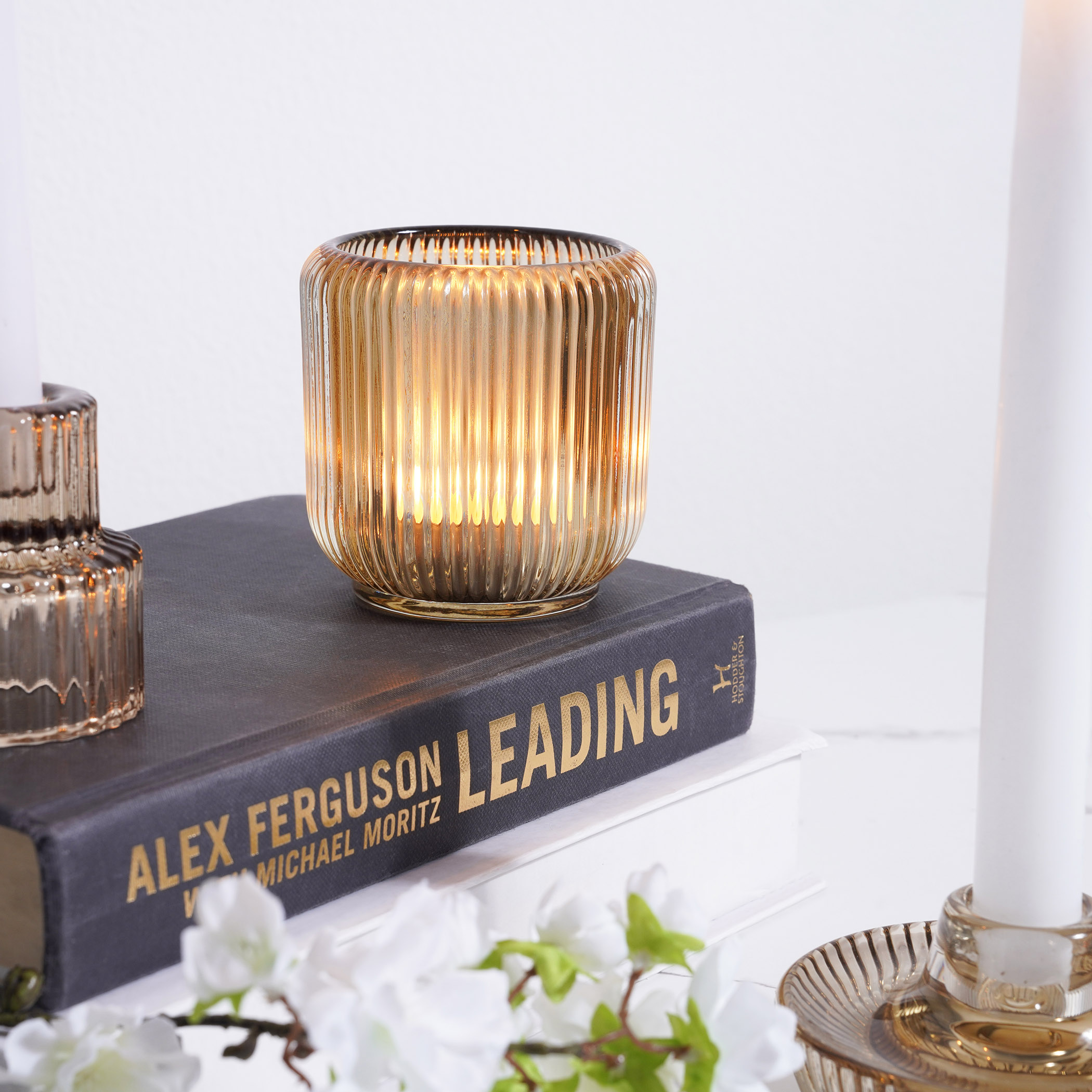 Arthur Glass Tealight Ribbed Candle Holder Dia8.5x8.5cm- Amber | Pan Home  Furnishings
